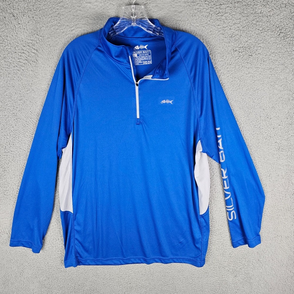 Silver Bait Fishing Jacket Mens Large Blue Mock Neck Logo Spell Out Quarter Zip